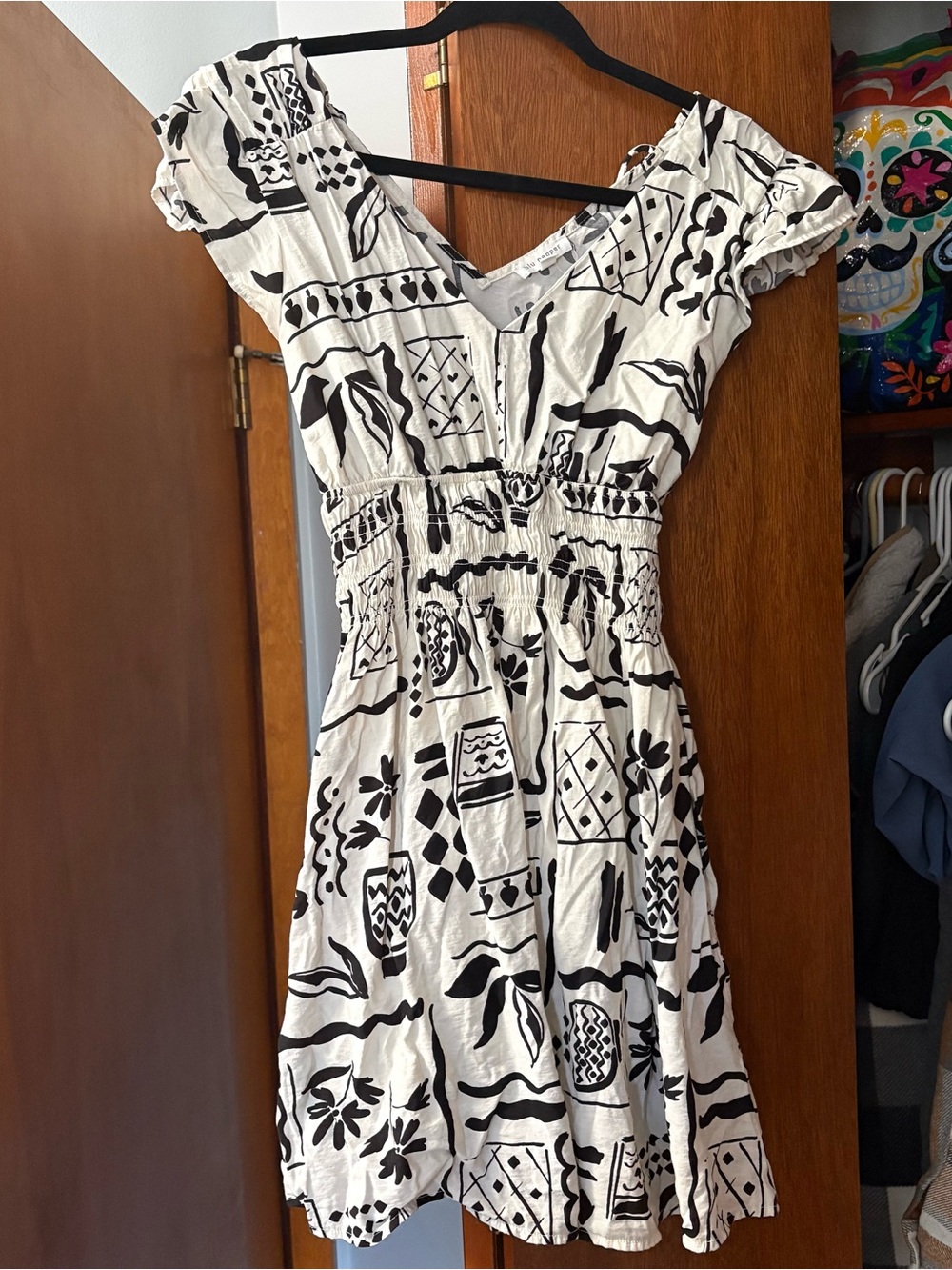 Blu Pepper Black & White Printed Smocked Waist Mini Dress